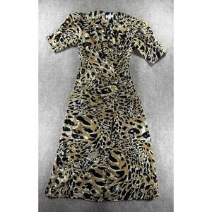 Topshop Animal Print Midi Dress Brown Black‎ Ruched Short Sleeve V-Neck Size 2